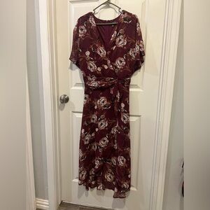 dressbarn Burgundy Floral Wrap Midi Dress with Tie Waist